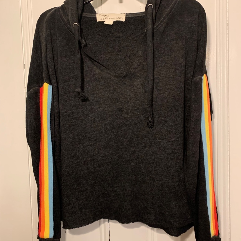 Vintage Havana Heather Charcoal grey hoodie with rainbow sleeve taping, Small